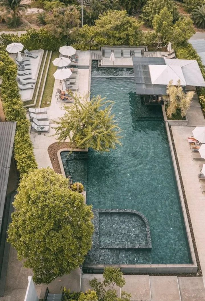 Aerial view of a swimming pool designed by Pool Exotica